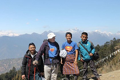 Prakash, David, Tek and Dawa hiking to Jele dzong in Paro