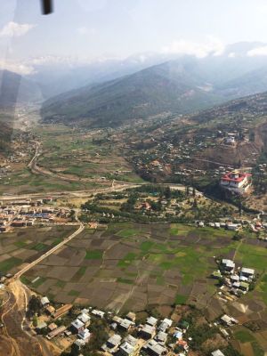 Flying over Paro dzong