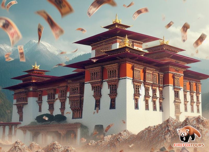 Money falling on the Bhutanese dzong